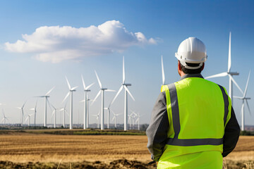 Back view of an engineer looking at wind turbines in the field, Generative AI - obrazy, fototapety, plakaty