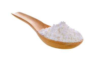 Fototapeta na wymiar Pile of white wheat flour in wooden spoon on transparent png