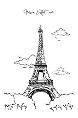 France, Eiffel Tower with hand drawing concept, print, doodle, vector illustration (Vector)