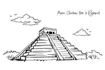 Mexico, Chichén Itzá ‘s Pyramid with hand drawing concept, print, doodle, vector illustration (Vector)