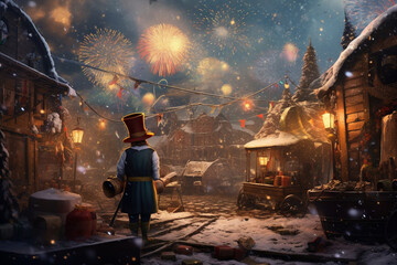 Fototapeta na wymiar Beautiful New Year illustration, snow landscape fireworks and falling snow. AI generated.