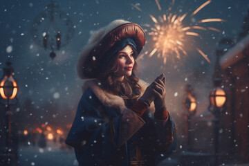 Beautiful New Year illustration, snow landscape fireworks and falling snow. AI generated.