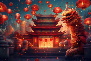 Celebration Chinese new year in china town. Dragon and paper red lanterns. AI generated.