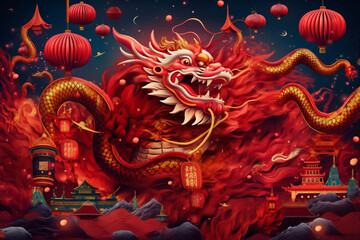 Celebration Chinese new year in china town. Dragon and paper red lanterns. AI generated. - obrazy, fototapety, plakaty