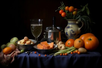 Fototapeta na wymiar An exquisite depiction of a still life arrangement featuring various delectable foods. Generative AI