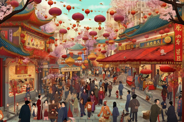 Obraz na płótnie Canvas Celebration Chinese new year in china town. Dragon and paper red lanterns. AI generated.