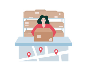 Qualified storehouse worker sorting parcels. Smiling female employee standing at counter in front of cardboard box at warehouse. Flat vector illustration