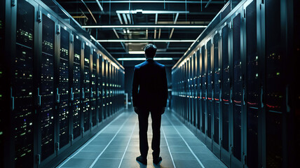 male administrator monitors databases and information technology systems with servers in data storage center. Generative AI