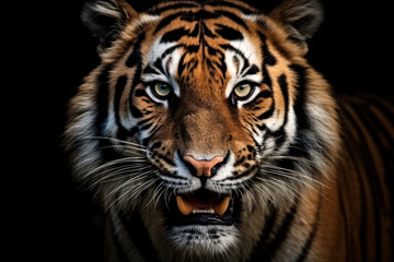 Generative AI - Roar of the Wild: Dominant Tiger Stalking Out of the Dark with Piercing Eyeshine