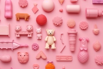 Soothing pink wallpaper with delightful illustrations of girl-themed toys. Generative AI
