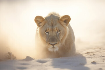 Generative AI - Resilient Majesty Lion Stalking Out of the Sandstorm with Intense Power