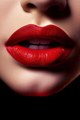 women's lips with red lipstick and an open female mouth with white teeth macro. Concept of beauty. Generative AI