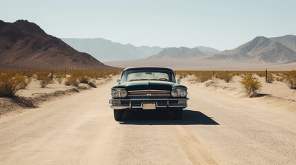 Obraz na płótnie Canvas Classic car parked on deserted road in the desert