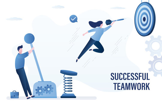 Businessman pulls large lever of mechanism and push steel spring for high jump of colleague. Startup launch. Achieving goal. Successful teamwork, collaboration.