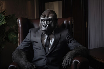 Funny gorilla in business suit sitting in office chair