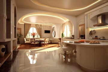 large luxury modern bright interiors Living room illustration 3D rendering computer digitally generated image,Generative AI