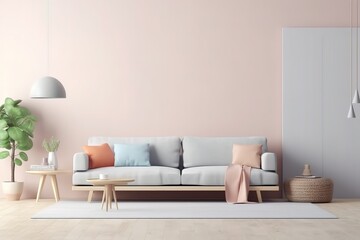 Fototapeta na wymiar Modern sofa on light pink wall background with trendy home accessories, home decor interior, luxury living room,Generative AI