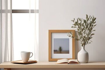 Fototapeta na wymiar Living room design with empty frame mock-up | Mock-up frame in interior background,Empty living room with blue sofa, plants and table on empty white wall background, Generative AI
