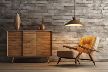 Interior with wooden cabinet and armchair 3d rendering | Interior with armchair and coffee table 3d rendering | Trendy room interior with modern colour armchair, Generative AI