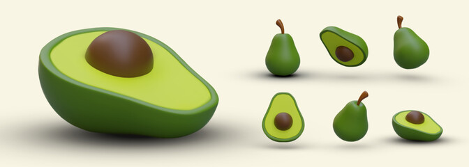 Set of 3D ripe avocados with pit. Whole fruit, cut, view from different sides. Green alligator pear with stem. Isolated vector image. Realistic avocado with shadows