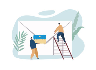 Mail collection and delivery system. Young mailman standing on ladder and reaching for large envelope in male colleague hands. Flat vector illustration