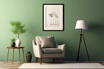 Modern mid century and minimalist interior of living room ,leather armchair with table on white wall and wood floor ,3d render,Generative AI