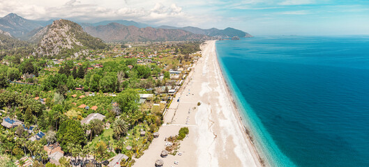 Fototapeta premium Aerial view of a popular and famous Cirali (Chirali) beach near Olympos ancient town in Turkey