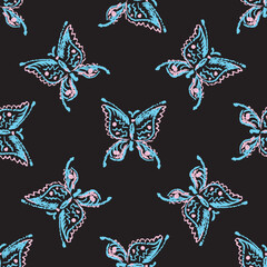 Seamless pattern with handmade drawing pastel chalks butterfly. Texture on black background. Hand drawn grunge wallpaper. Printable banner, decoration.