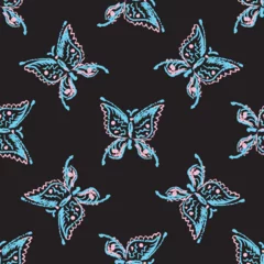 Peel and stick wallpaper Butterflies in Grunge Seamless pattern with handmade drawing pastel chalks butterfly. Texture on black background. Hand drawn grunge wallpaper. Printable banner, decoration.