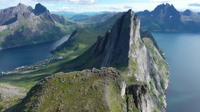 Aerial view of Senja Island coast and mountains from drone, Norway