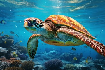 Fototapeta premium Sea turtle under water natural sea life with corals