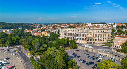Fototapeta premium Aerial View. Ancient ruins of Roman amphitheatre in Pula, Croatia