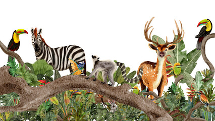 jungle with wild animals watercolor painting