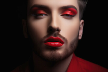 transgender gay man with red lipstick lips. Male bearded face with makeup. Generative AI