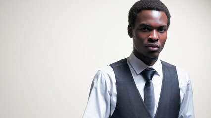 Business fashion. Gentleman style. Smart casual look. Portrait of confident man wearing shirt vest tie isolated on white empty space background.