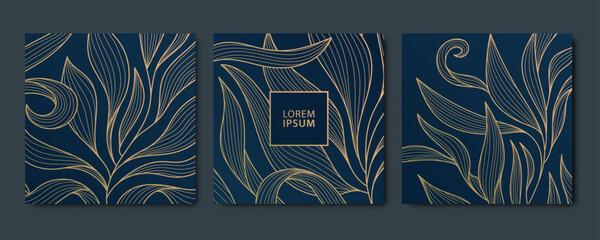 Vector set of leaf gold patterns, art deco luxury square cards. Wavy art deco floral banners, package, bakgrounds, fancy design.