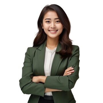 Young Beautiful Asian Woman Happy Face Smiling With Crossed Arms Looking At The Camera. Positive Successful Businessman, Isolated On White Transparent Background, Ai Generate