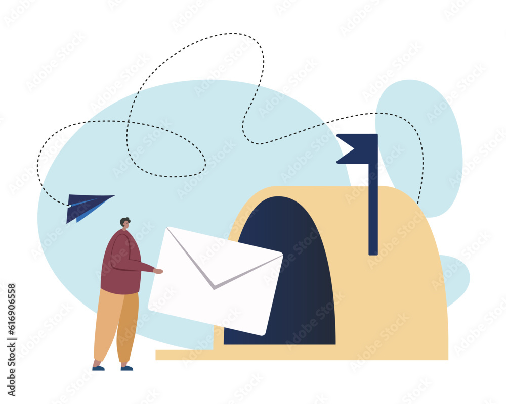 Wall mural mail delivery process. adult person sending message by airmail. young mailman placing letter in enve