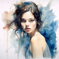 Image generated by AI. Watercolor portrait of a beautiful brunette.