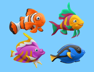 Fototapeta na wymiar 3d fish. Cartoon anemonefish characters, isolated aquarium animals, tropical summer clownfish. Decorative aquarium swimming goldfish, colorful undersea reef wild creatures. Vector exact set