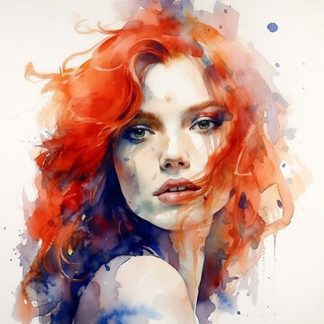 Image generated by AI. Watercolor portrait of a beautiful young woman with red hair.