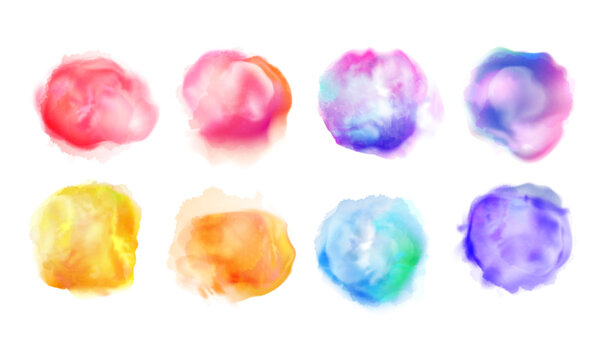 Watercolor splash. Water color round stain, brush paint texture, ink spot, yellow, blue and red rainbow set, aquarelle gradient abstract smudge. Vector exact background isolated elements