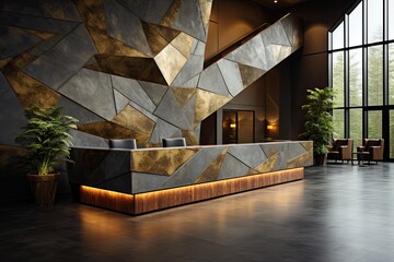 Interior of modern office with wooden and concrete walls, wooden floor and meeting room with reception desk