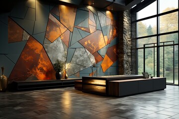 Interior of modern office with wooden and concrete walls, wooden floor and meeting room with reception desk