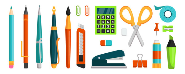 School supplies. Cute stationery. Pen and pencil. Study tongs. Stapler and glue. Adhesive tape. Scissors or highlighter marker. Education elements set. Vector tidy minimal illustration
