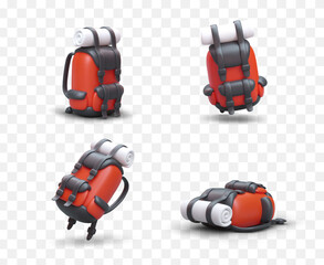 Fototapeta premium Collection of isolated vector red backpacks. 3D modern personal travel bag. Healthy lifestyle. Color image with shadows. Organizing and storage of hiker things. Illustration for shops