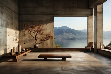 Modern living room with concrete walls, concrete floor