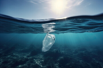 plastic bag floating in the sea water. AI generative