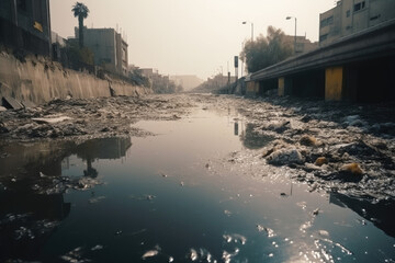 Polluted river in the city.AI generative