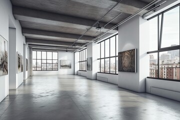 Interior of modern gallery with empty walls, concrete floor and paintings. Mock up